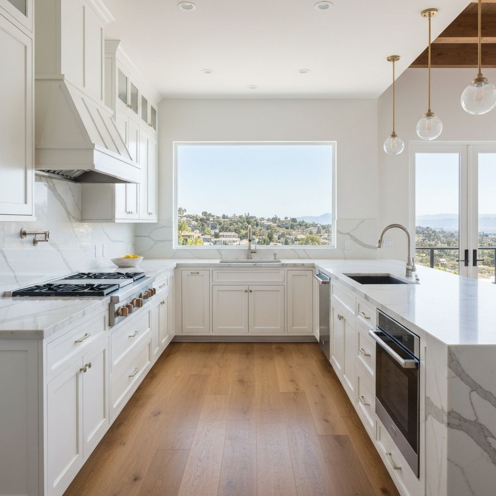 Hardwood flooring installation in a modern Southern California kitchen