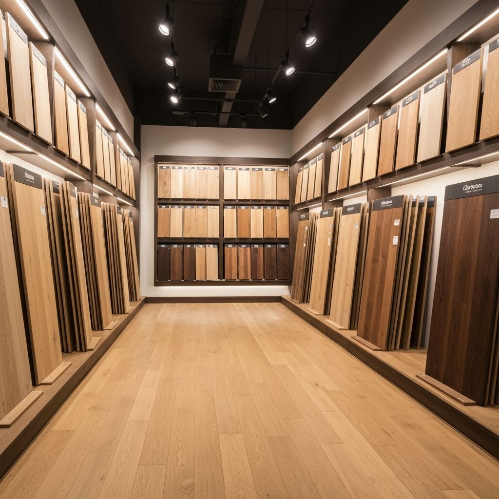 Bellagio Flooring showroom in La Habra, California with hardwood flooring samples